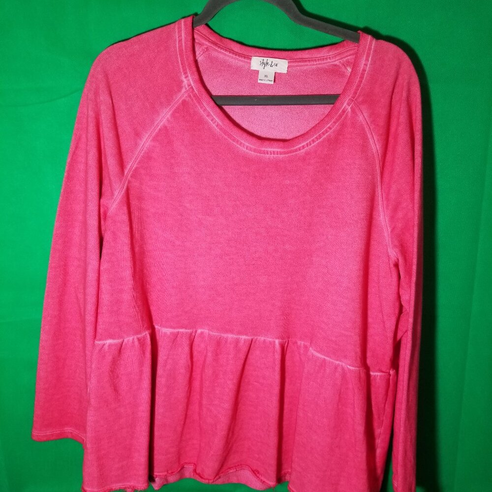 Style & Co Sweatshirt Peplum Crew Neck Women XL Neon‎ Pink Soft Comfy